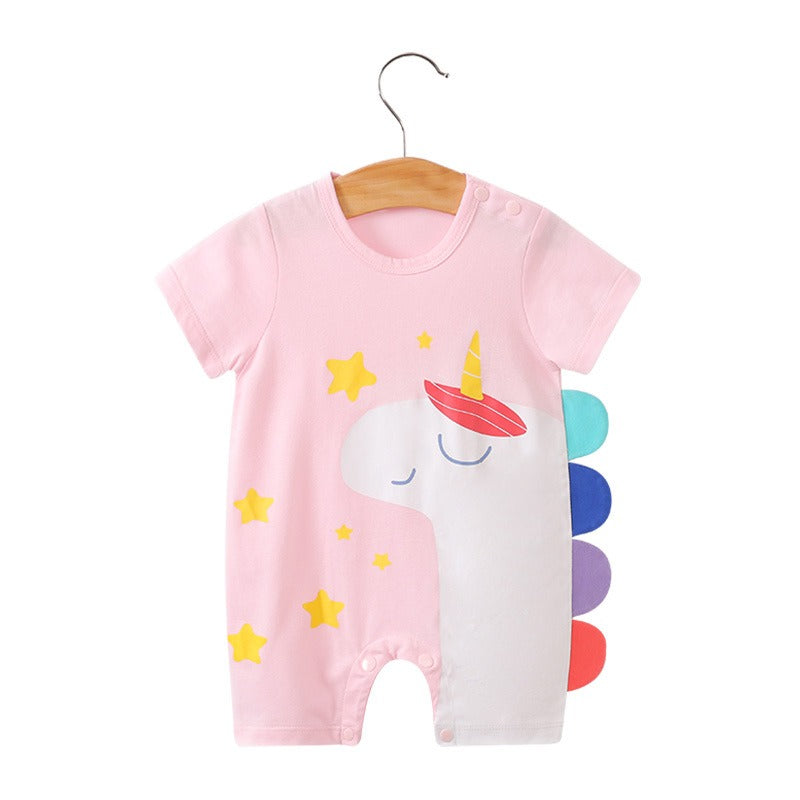 Baby jumpsuit for summer, baby short sleeved clothes, thin newborn cartoon animal crawling clothes, cotton jumpsuit